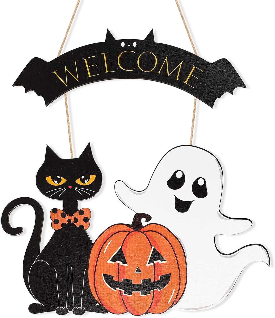 Halloween Wooden Ghost Door Wreath – Front Door & Wall Sign with Pumpkin, Black Cat, and Ghosts, Farmhouse Indoor & Outdoor Halloween Decoration (Cat Pumkin)